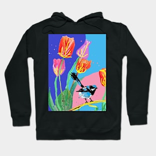 Abstract Blue Wren and Tulips Painting - on Multicoloured Navy Hoodie